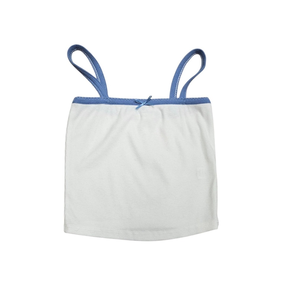 Heart Hips White Ribbed Cropped Tank Top Blue Trim‎ Bow Cami Cropped Womens S